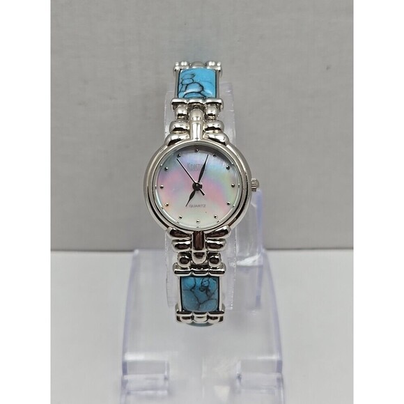 Womens Kristine Silver Tone Faux Turquoise Link Bracelet Watch New Battery Boho - Picture 1 of 9